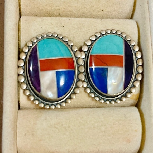 Vintage Native American Navajo Sterling Turquoise Coral Onyx LapisEarrings